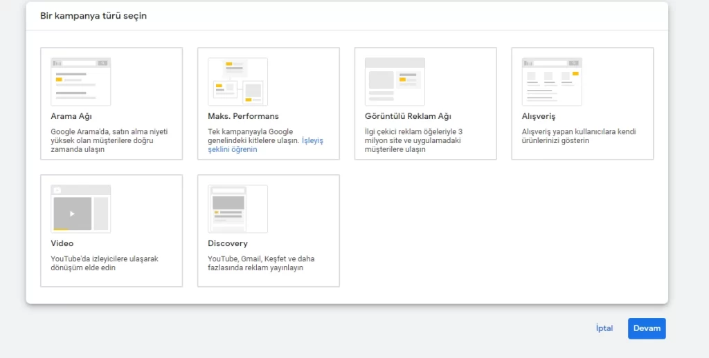 Google Reklam Kampanya Türü Seçme - Creamake